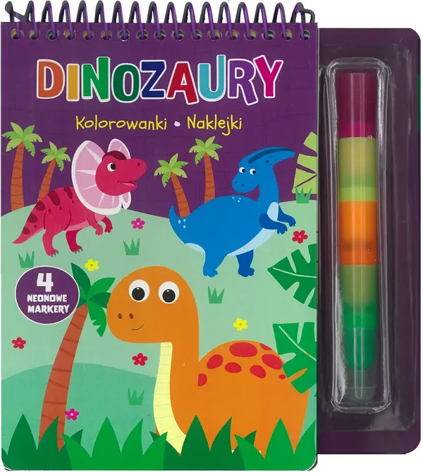 Dinozaury. Kolorowanki, naklejki, 4 neonowe markery